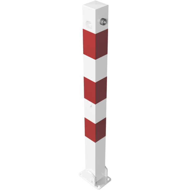 Barrier posts | Steel tube 70 x 70 mm | foldable, with triangular locking mechanism | to be fixed by plugswith base plate 100 x 150 mm | hot-dip galvanized and white coatedwith three red reflecting stripes | with 1 eyelet